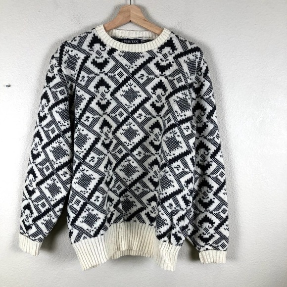 𝅺vintage Puritan Sweater Cream Gray Print Shetland Wool Blend Knit Size Large - Picture 1 of 11